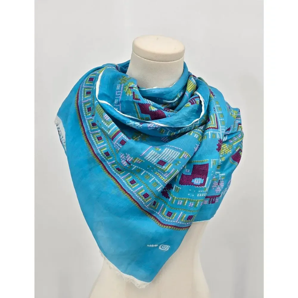 Vintage Desen India 100% Turkish Silk Scarf – Bright Blue Folk Geometric Pattern